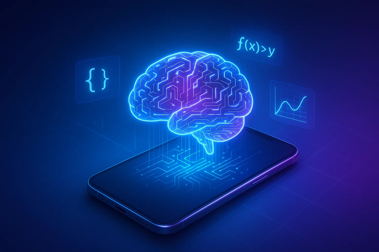 Futuristic illustration of Meta AI’s MobileLLM-R1 model running on a smartphone with glowing circuits, math symbols, and coding icons.