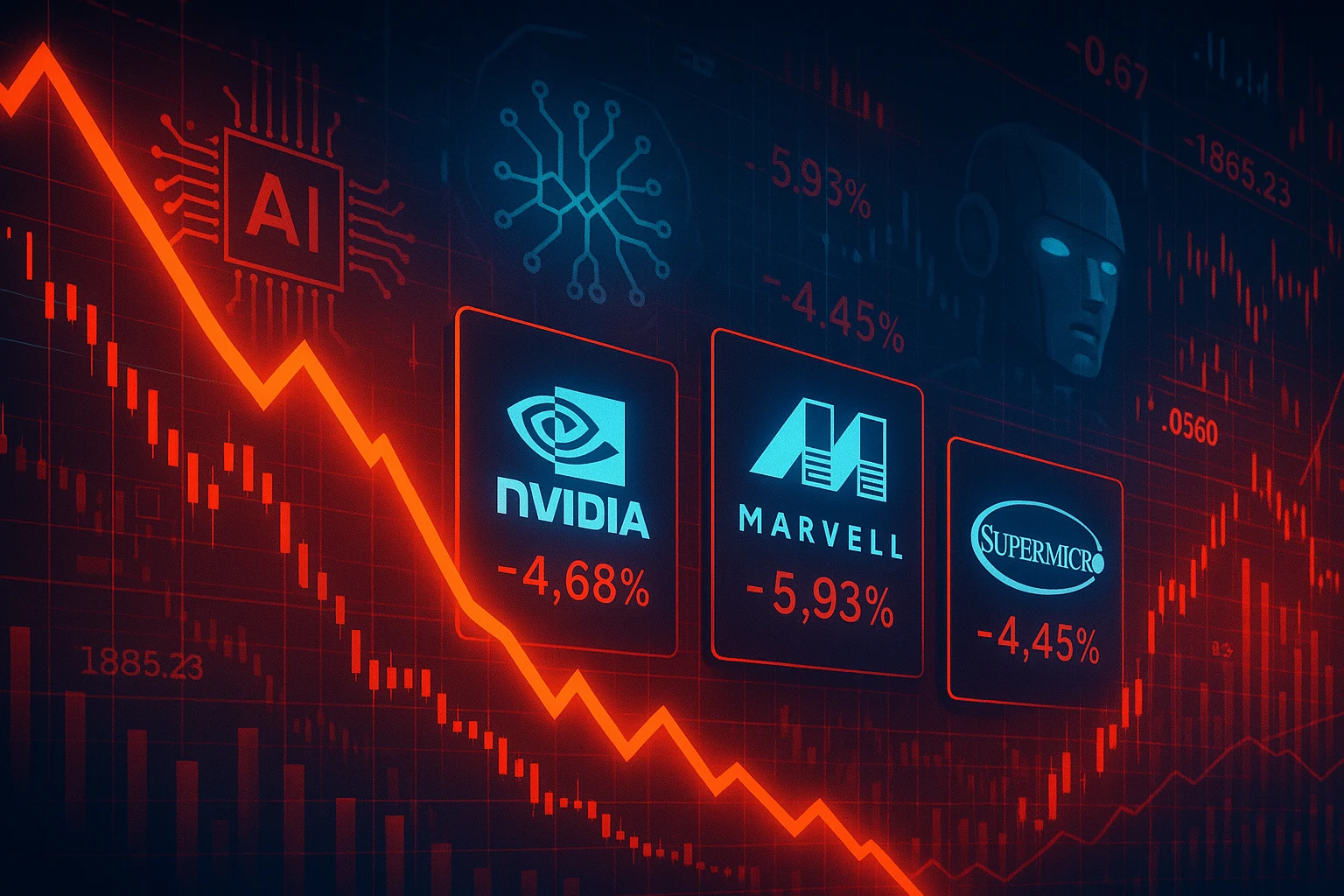 Stock market chart falling with AI chip icons symbolizing Nvidia, Marvell, and Super Micro losses
