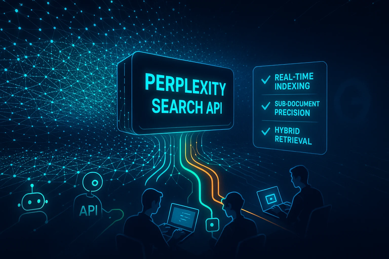 Glowing holographic Perplexity Search API engine with real-time data streams, feature highlights, and developers connecting apps, symbolizing a challenge to Google’s search dominance.