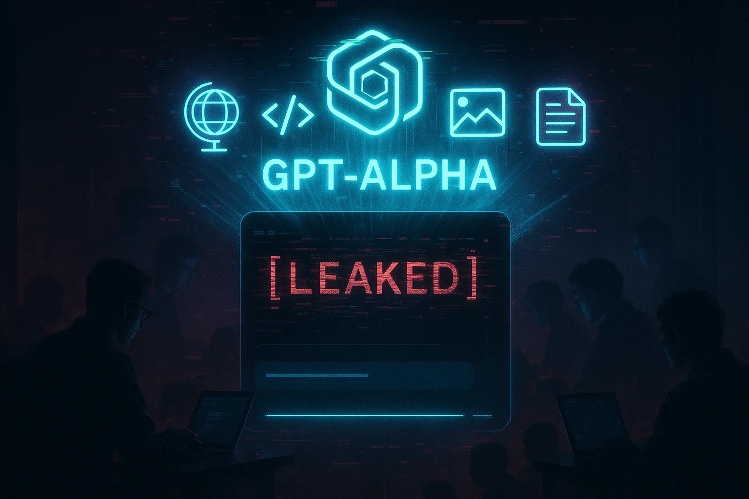 Futuristic holographic interface labeled GPT-Alpha with icons for web browsing, coding, image generation, and document editing, symbolizing a leaked next-generation AI agent.