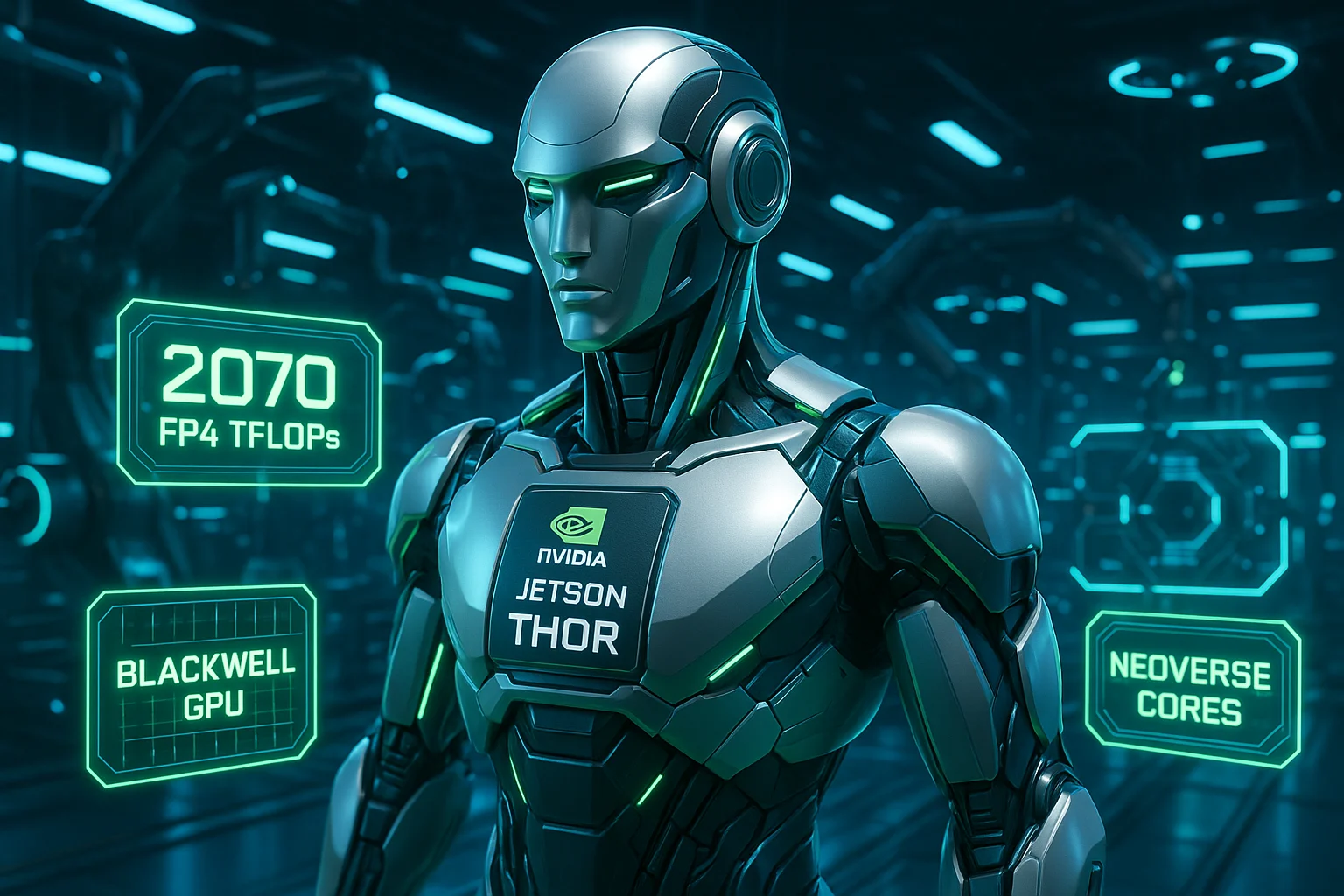 Futuristic robot powered by NVIDIA Jetson Thor AI platform with holographic specs in a smart factory
