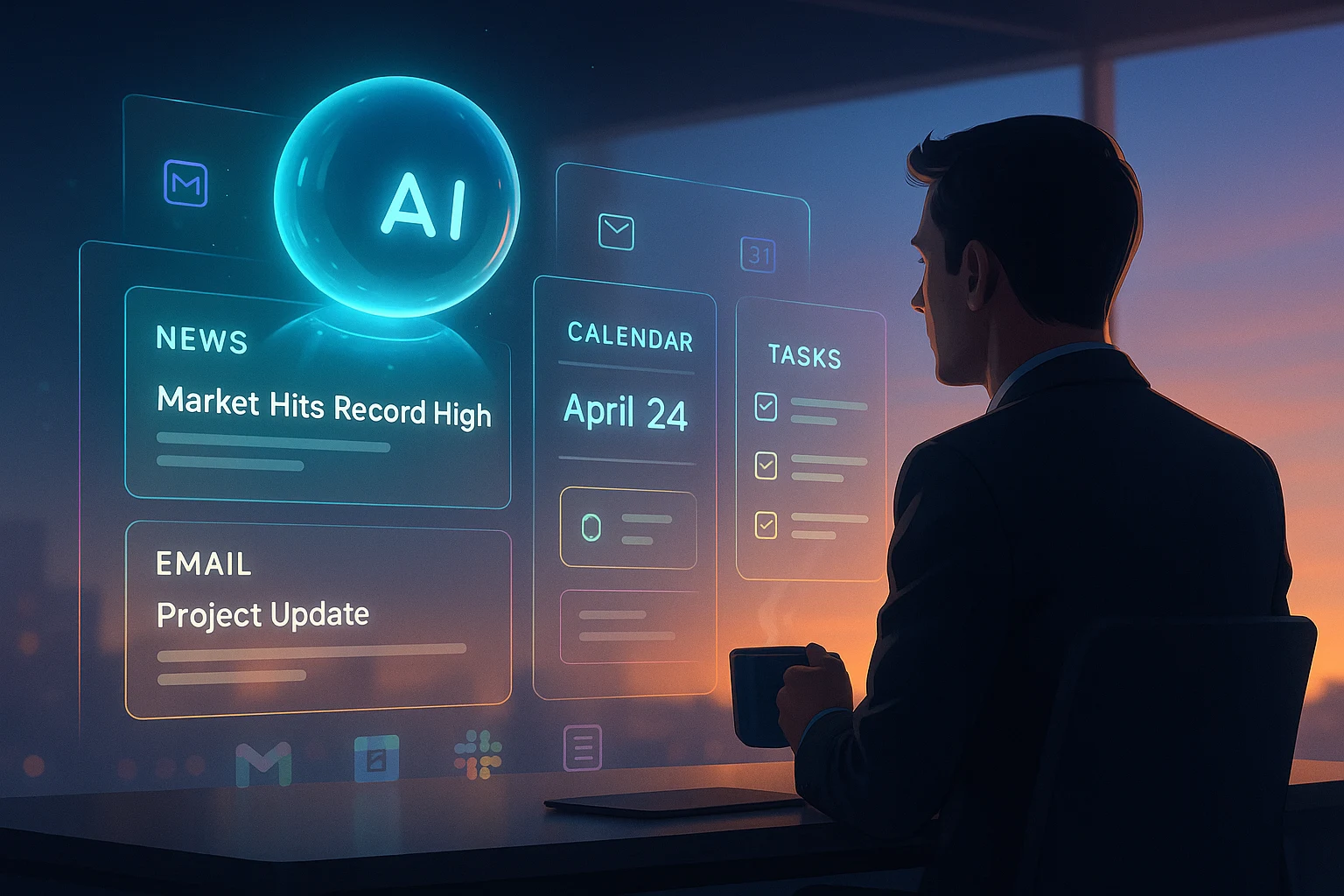 Professional reading a futuristic holographic morning briefing generated by AI, blending news, tasks, and calendar updates.