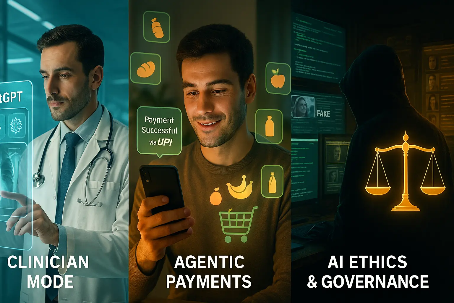 Doctor using ChatGPT Clinician Mode, agentic UPI payments on phone, and AI ethics surveillance contrast