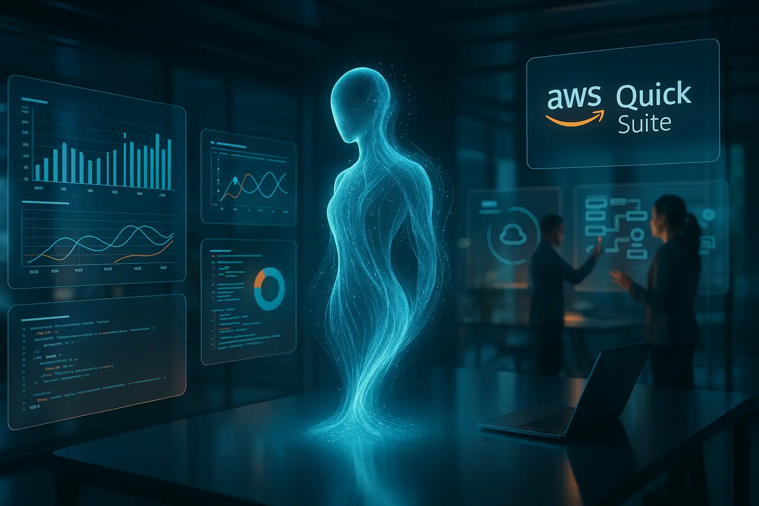 Futuristic workspace with AI-powered holographic assistant and data panels representing Amazon Quick Suite by AWS, showcasing research, automation, and analytics tools in a unified digital environment.