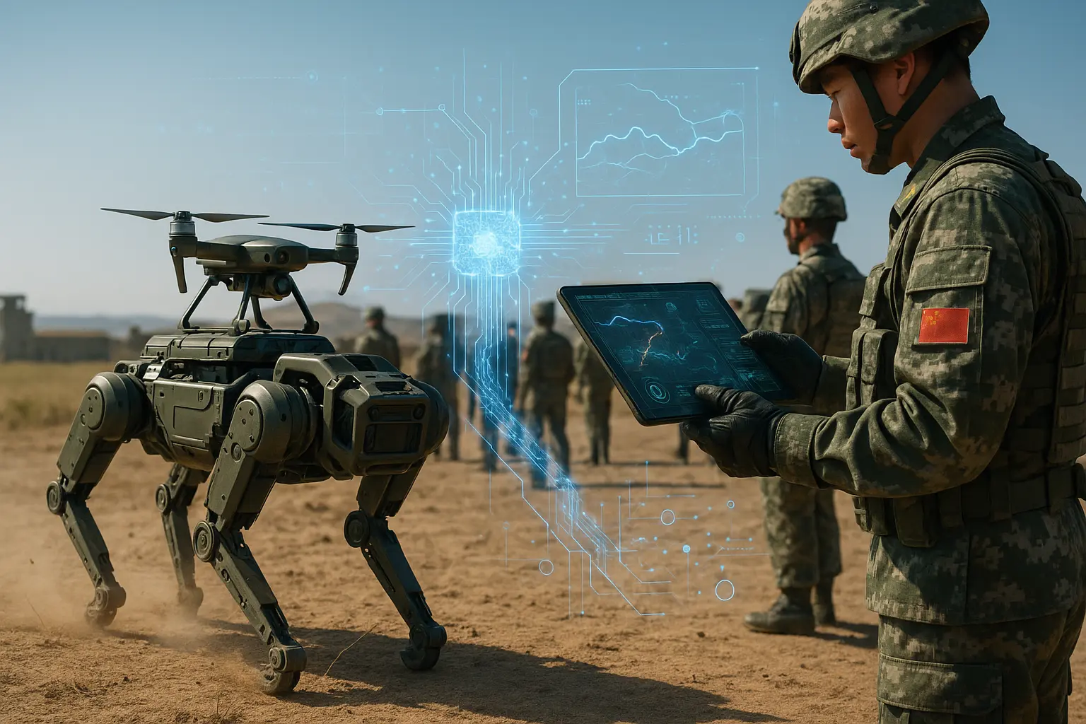 AI-powered robot dog carrying a drone during a Chinese military training exercise, representing DeepSeek’s role as an autonomous battlefield companion coordinating ground and air systems.