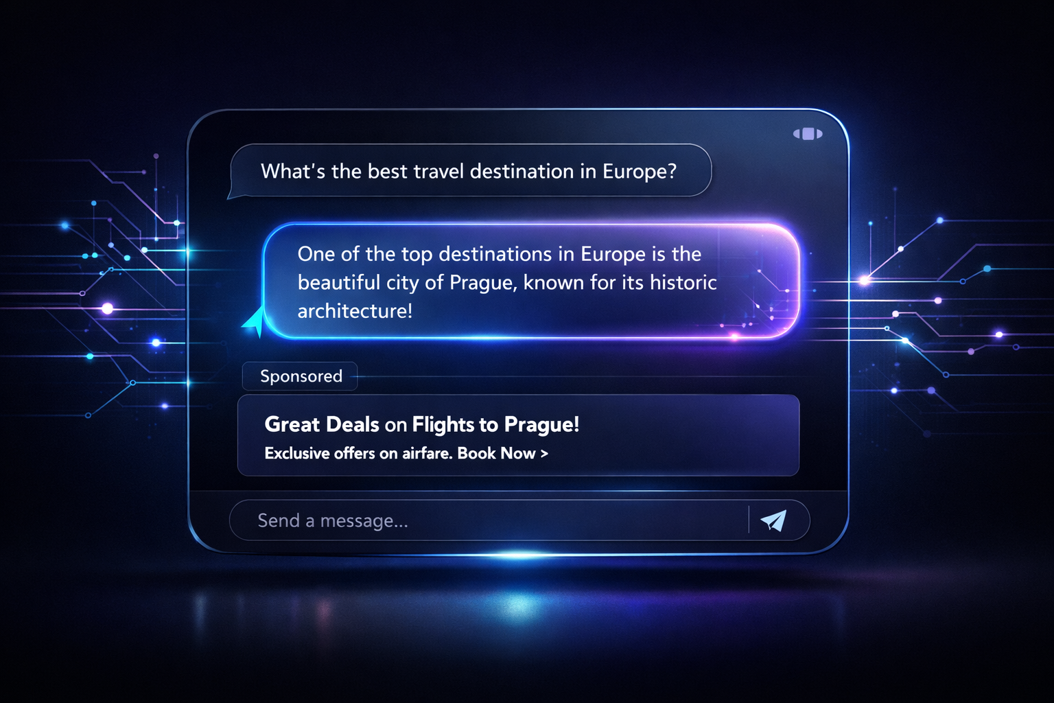 Minimalist illustration of a ChatGPT-style AI conversation interface with a small advertisement appearing beneath a response, symbolizing OpenAI’s introduction of ads and a new paid Go plan