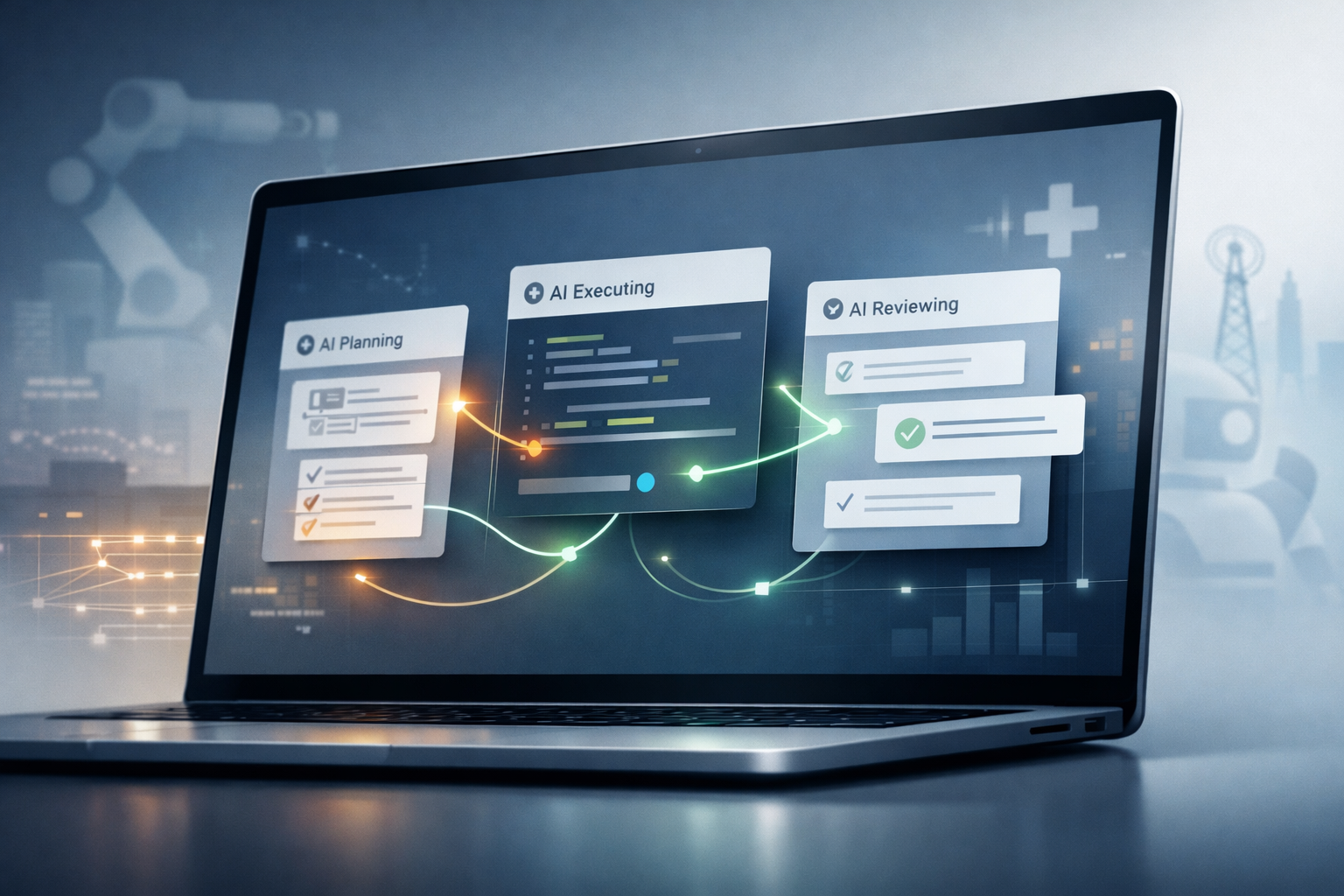 Illustration of a computer screen showing multiple AI agents interacting and collaborating to complete a task, representing the rise of multi-agent artificial intelligence systems